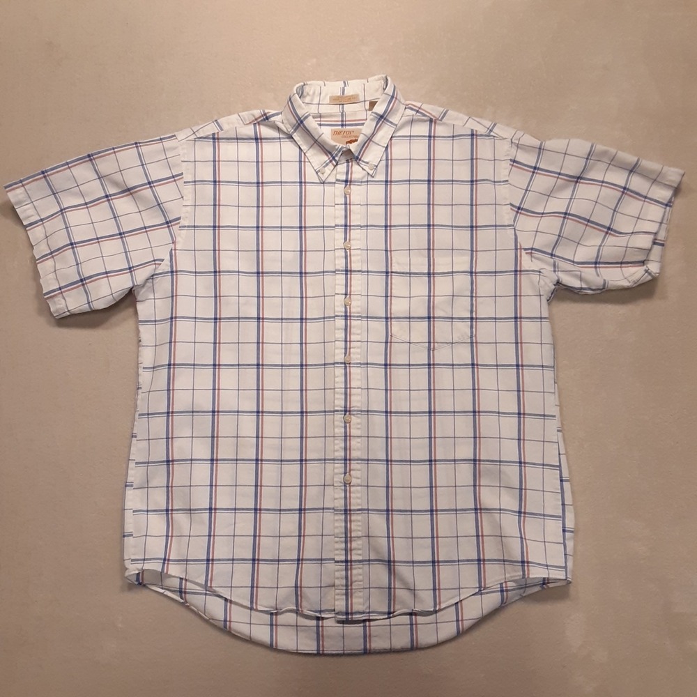 The Fox Collection Mens SS Vintage Button Shirt Large White/Blue Plaid Cotton